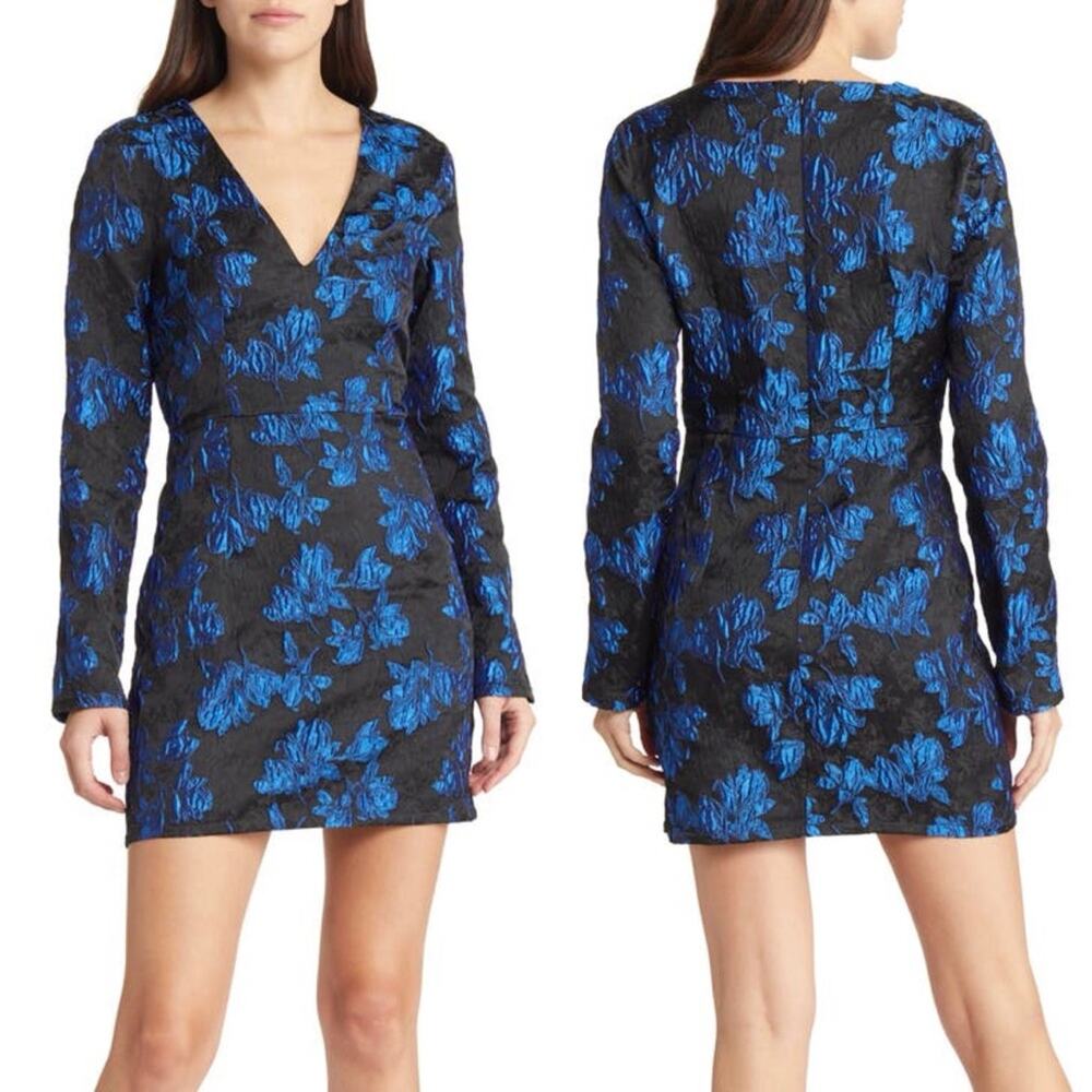 Lulu’s Black & Blue Elegant Taste Floral Jacquard Long Sleeve Mini Dress